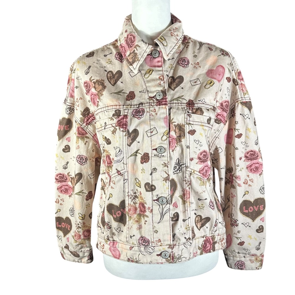 We The Free Opal Swing Printed Denim Jacket Womens XS Cream Floral Oversized
